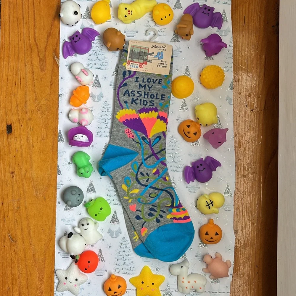 Blue Q women’s crew socks “I love my A$$hole kids” NWT + 30 squishies